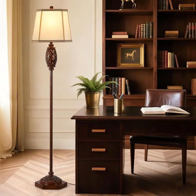 Alt view image 7 of 7 - Luvkczc Vintage Floor Lamp - Brown Carved Resin with Hollow Light Design, Rustic Standing Lamp for Living Room, Bedroom, Study(Bulb Included)