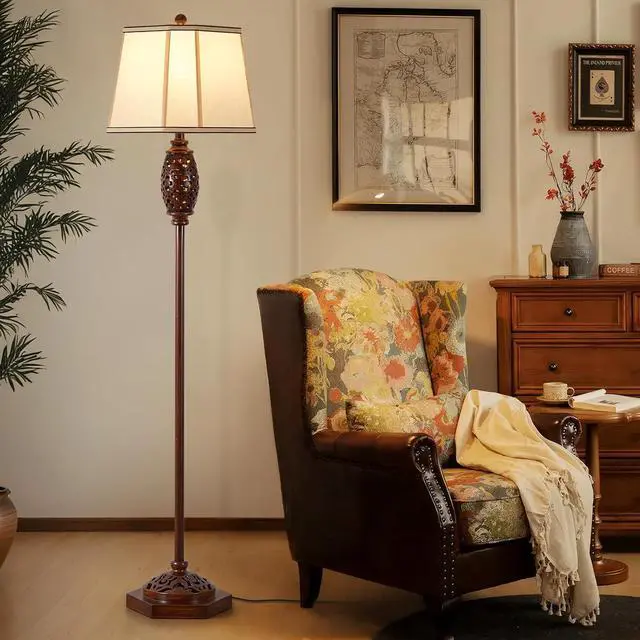 Alt view image 6 of 7 - Luvkczc Vintage Floor Lamp - Brown Carved Resin with Hollow Light Design, Rustic Standing Lamp for Living Room, Bedroom, Study(Bulb Included)