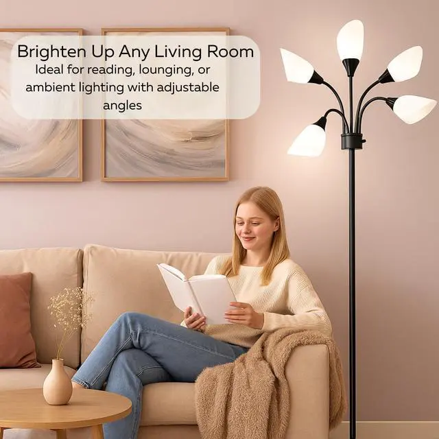 Alt view image 2 of 7 - LIGHTACCENTS Multi-Head 5-Light Floor Lamp, Adjustable Standing Lamp with 3-Mode Switch, White Acrylic Shades, Black Finish, Perfect Floor Lamps for Living Room & Bedroom Room Lights