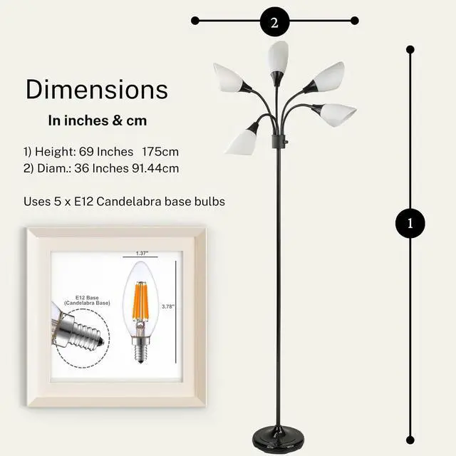 Alt view image 3 of 7 - LIGHTACCENTS Multi-Head 5-Light Floor Lamp, Adjustable Standing Lamp with 3-Mode Switch, White Acrylic Shades, Black Finish, Perfect Floor Lamps for Living Room & Bedroom Room Lights