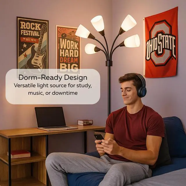 Alt view image 5 of 7 - LIGHTACCENTS Multi-Head 5-Light Floor Lamp, Adjustable Standing Lamp with 3-Mode Switch, White Acrylic Shades, Black Finish, Perfect Floor Lamps for Living Room & Bedroom Room Lights