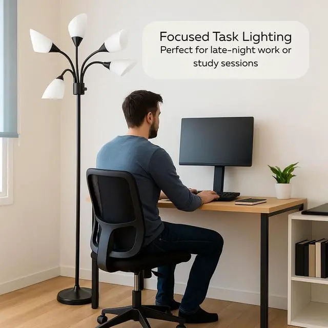 Alt view image 6 of 7 - LIGHTACCENTS Multi-Head 5-Light Floor Lamp, Adjustable Standing Lamp with 3-Mode Switch, White Acrylic Shades, Black Finish, Perfect Floor Lamps for Living Room & Bedroom Room Lights