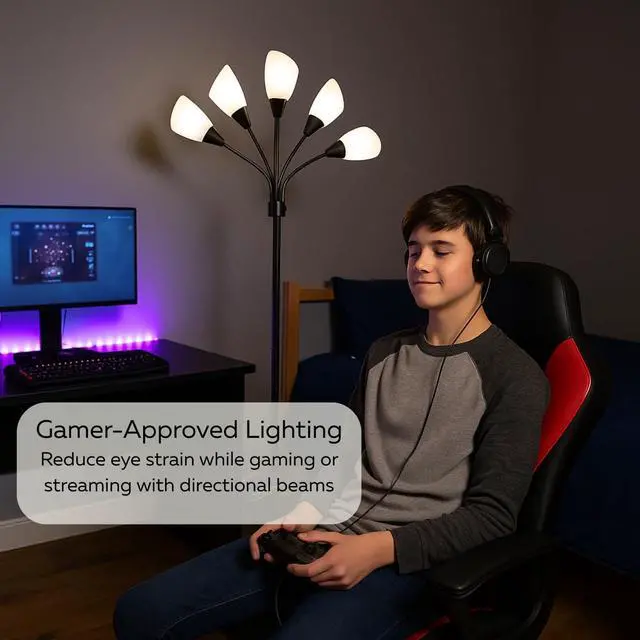 Alt view image 7 of 7 - LIGHTACCENTS Multi-Head 5-Light Floor Lamp, Adjustable Standing Lamp with 3-Mode Switch, White Acrylic Shades, Black Finish, Perfect Floor Lamps for Living Room & Bedroom Room Lights