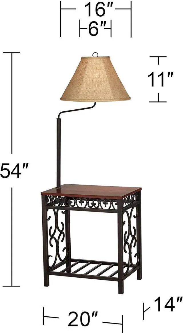 Alt view image 2 of 7 - Regency Hill Travata Country Cottage Floor Lamp Standing with End Table 54" Tall Bronze Scrollwork Swing Arm Burlap Fabric Shade for Living Room Reading Bedroom Office House Home