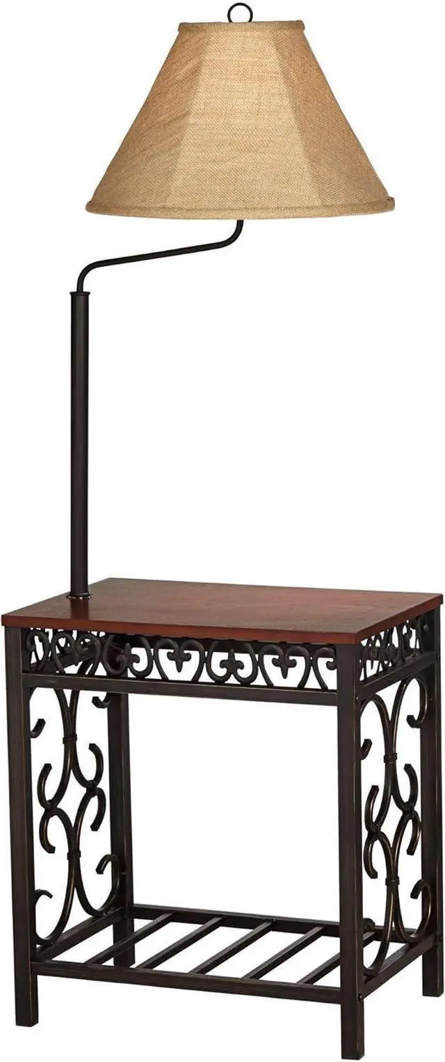 Alt view image 3 of 7 - Regency Hill Travata Country Cottage Floor Lamp Standing with End Table 54" Tall Bronze Scrollwork Swing Arm Burlap Fabric Shade for Living Room Reading Bedroom Office House Home