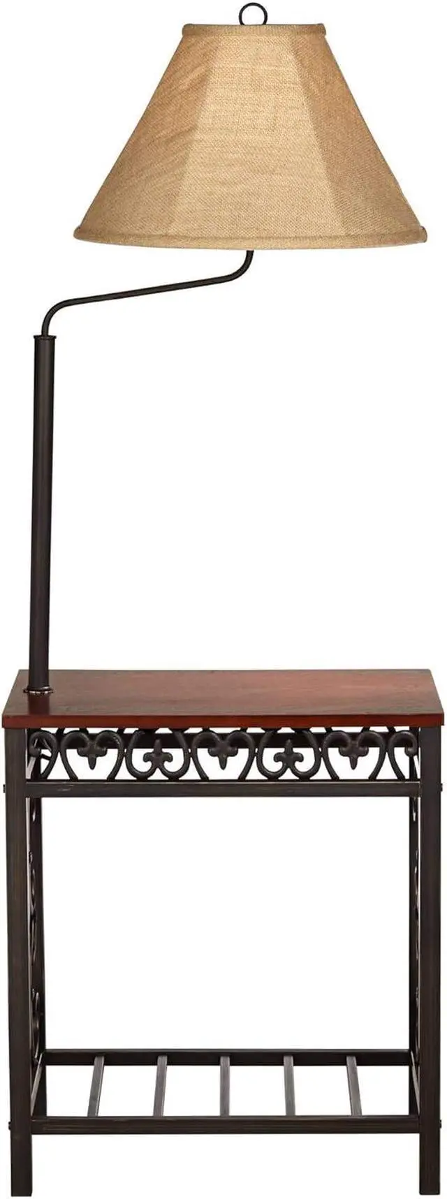 Alt view image 5 of 7 - Regency Hill Travata Country Cottage Floor Lamp Standing with End Table 54" Tall Bronze Scrollwork Swing Arm Burlap Fabric Shade for Living Room Reading Bedroom Office House Home