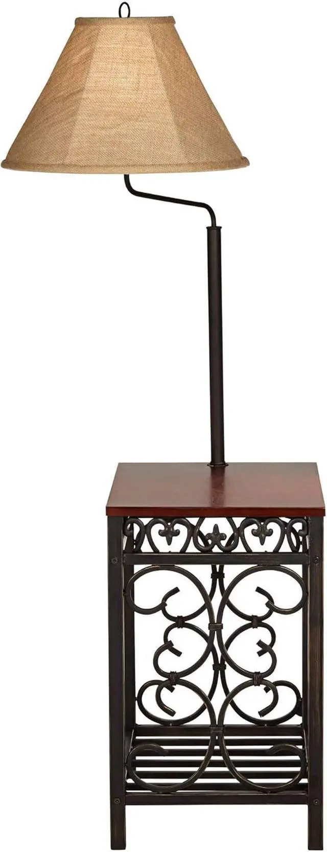 Alt view image 7 of 7 - Regency Hill Travata Country Cottage Floor Lamp Standing with End Table 54" Tall Bronze Scrollwork Swing Arm Burlap Fabric Shade for Living Room Reading Bedroom Office House Home