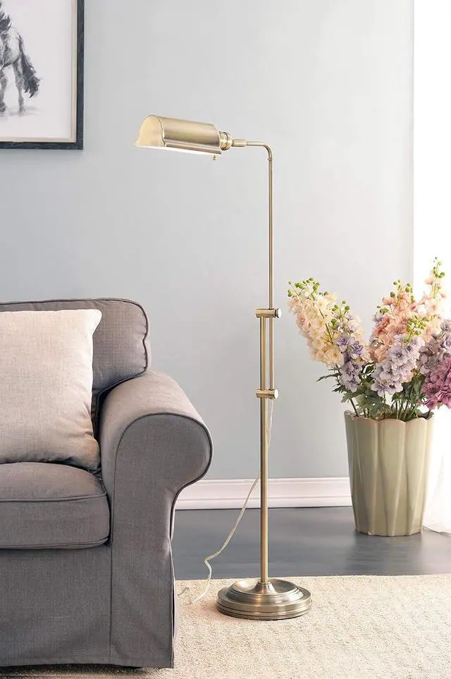 Alt view image 2 of 7 - Kenroy Home 33055AB Denton Floor Lamp with Antique Brass Finish, Classic Style, 50" Height, 10.125" Width, 19.5" Depth