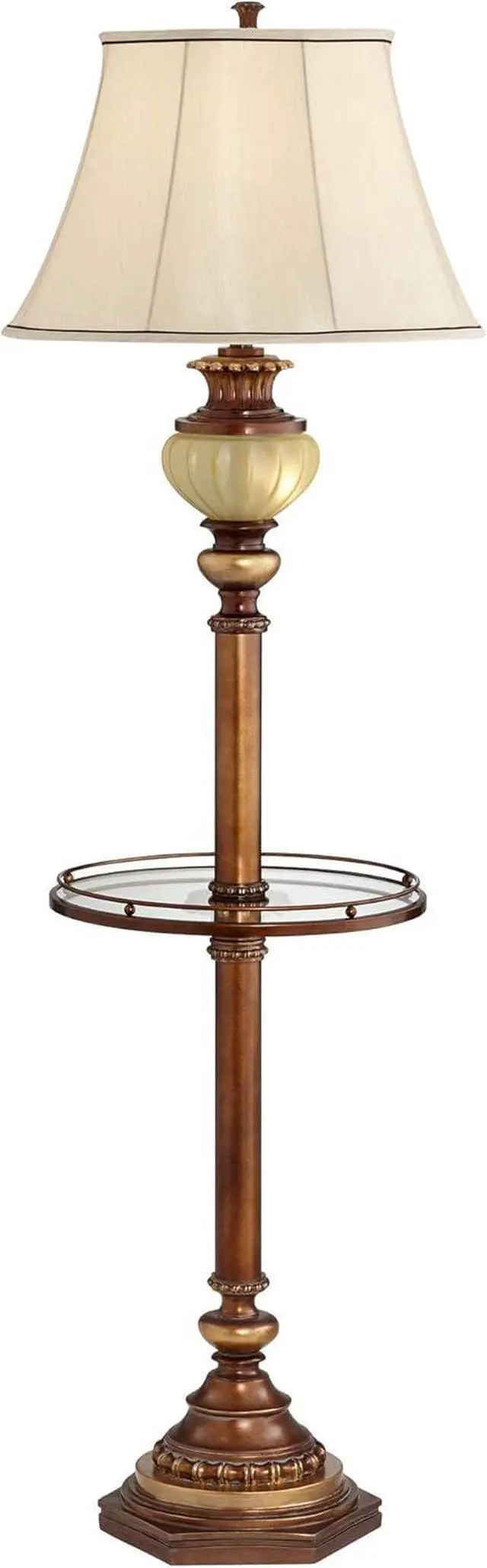 Main image of Kathy Ireland Hyde Park Rustic Vintage Floor Lamp with Nightlight Glass Tray 65" Tall Bronze Gold Metal Pearl White Frosted Glass Fabric Bell Shade for Living Room Reading House Bedroom Home