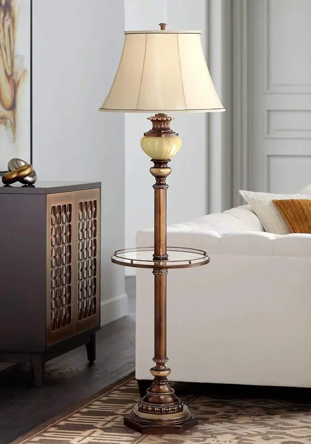 Alt view image 2 of 7 - Kathy Ireland Hyde Park Rustic Vintage Floor Lamp with Nightlight Glass Tray 65" Tall Bronze Gold Metal Pearl White Frosted Glass Fabric Bell Shade for Living Room Reading House Bedroom Home