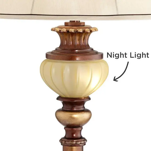 Alt view image 3 of 7 - Kathy Ireland Hyde Park Rustic Vintage Floor Lamp with Nightlight Glass Tray 65" Tall Bronze Gold Metal Pearl White Frosted Glass Fabric Bell Shade for Living Room Reading House Bedroom Home