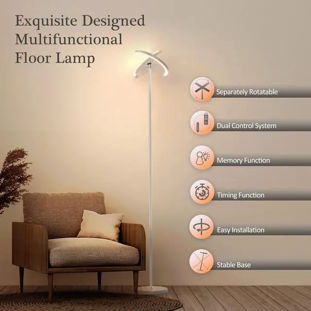 Alt view image 4 of 7 - FIMEI Split Floor Lamp, Bright Modern LED Standing Lamp, Stepless Dimming and 4 Color Temperature, Eye-Protection Reading Standing Light for Living Room Bedroom Office, Touch&Remote Control, White