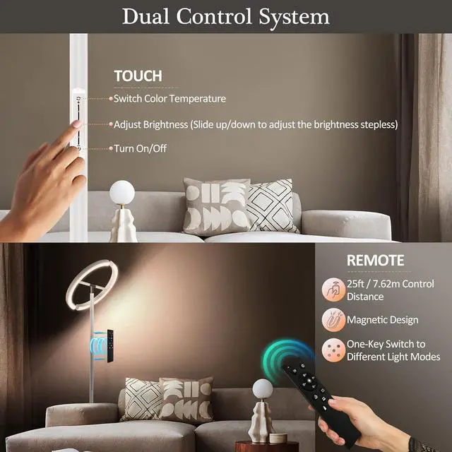 Alt view image 5 of 7 - FIMEI Split Floor Lamp, Bright Modern LED Standing Lamp, Stepless Dimming and 4 Color Temperature, Eye-Protection Reading Standing Light for Living Room Bedroom Office, Touch&Remote Control, White