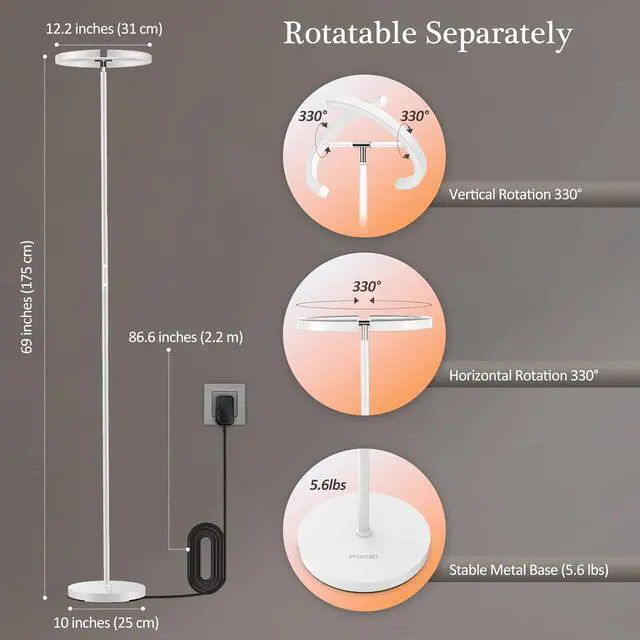 Alt view image 6 of 7 - FIMEI Split Floor Lamp, Bright Modern LED Standing Lamp, Stepless Dimming and 4 Color Temperature, Eye-Protection Reading Standing Light for Living Room Bedroom Office, Touch&Remote Control, White