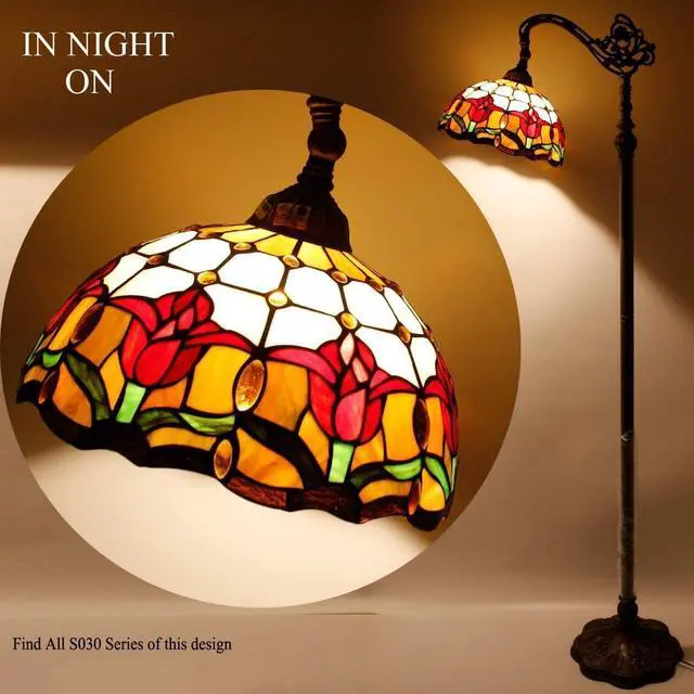 Alt view image 2 of 6 - WERFACTORY Tiffany Floor Lamp Red Tulip Flower Stained Glass Arched Lamp 12X18X64 Inches Gooseneck Adjustable Corner Standing Reading Light Decor Bedroom Living Room S030 Series (A)