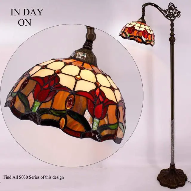 Alt view image 3 of 6 - WERFACTORY Tiffany Floor Lamp Red Tulip Flower Stained Glass Arched Lamp 12X18X64 Inches Gooseneck Adjustable Corner Standing Reading Light Decor Bedroom Living Room S030 Series (A)