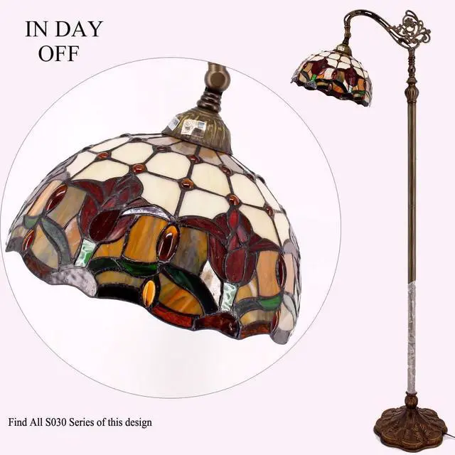 Alt view image 4 of 6 - WERFACTORY Tiffany Floor Lamp Red Tulip Flower Stained Glass Arched Lamp 12X18X64 Inches Gooseneck Adjustable Corner Standing Reading Light Decor Bedroom Living Room S030 Series (A)