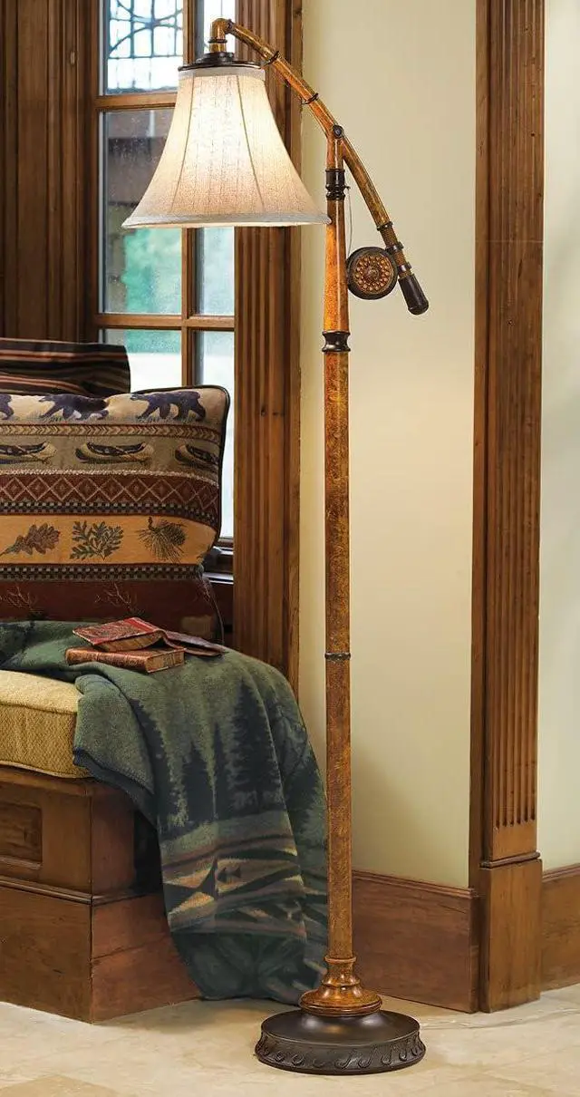 Main image of BLACK FOREST DECOR - Fishing Pole Floor Lamp with Linen Shade, Cast Resin Construction - Vintage Lakeside Style - 19" W x 63" H