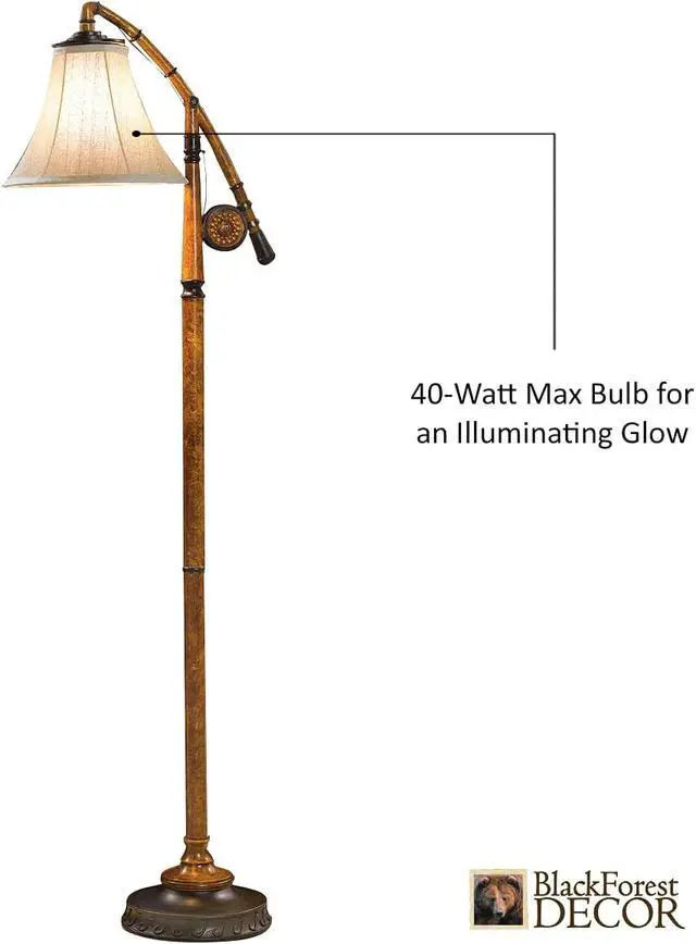 Alt view image 2 of 7 - BLACK FOREST DECOR - Fishing Pole Floor Lamp with Linen Shade, Cast Resin Construction - Vintage Lakeside Style - 19" W x 63" H