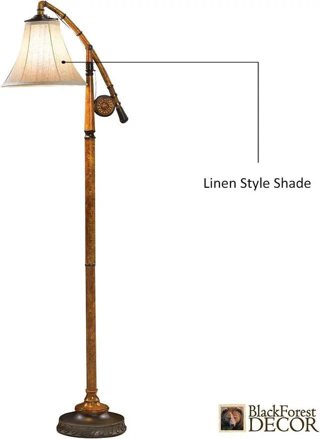 Alt view image 4 of 7 - BLACK FOREST DECOR - Fishing Pole Floor Lamp with Linen Shade, Cast Resin Construction - Vintage Lakeside Style - 19" W x 63" H