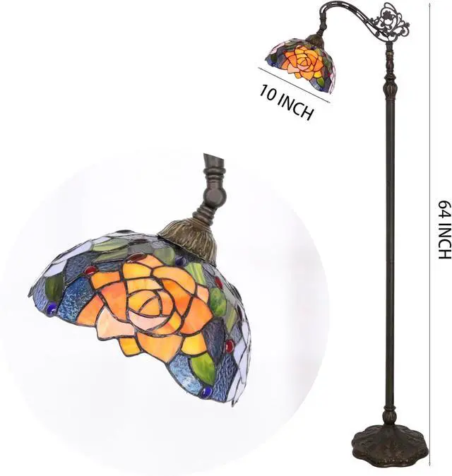 Alt view image 3 of 7 - Tiffany Floor Lamp Stained Glass Orange Red Rose Arched Reading Light Gooseneck Adjustable Corner Standing Lamp 10X16X64 Inch for Bedroom Living Room Home Office