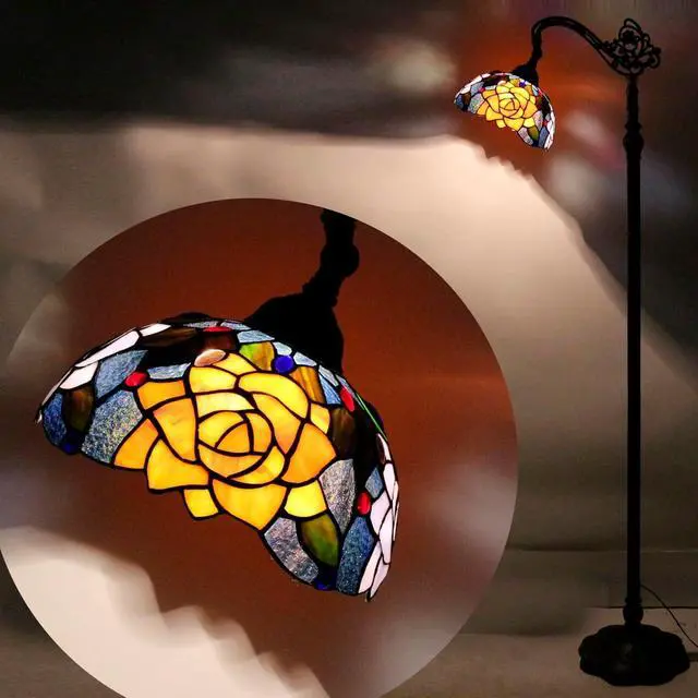 Alt view image 2 of 7 - Tiffany Floor Lamp Stained Glass Orange Red Rose Arched Reading Light Gooseneck Adjustable Corner Standing Lamp 10X16X64 Inch for Bedroom Living Room Home Office