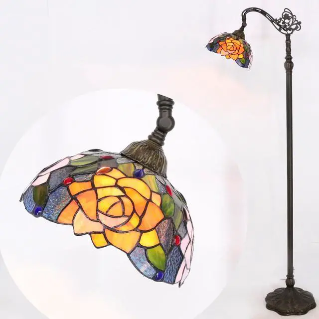 Alt view image 5 of 7 - Tiffany Floor Lamp Stained Glass Orange Red Rose Arched Reading Light Gooseneck Adjustable Corner Standing Lamp 10X16X64 Inch for Bedroom Living Room Home Office