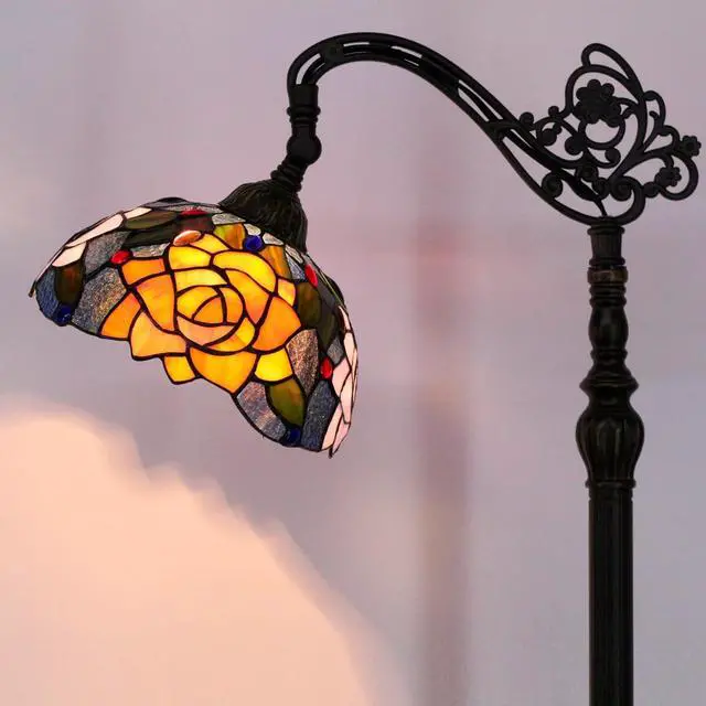 Alt view image 6 of 7 - Tiffany Floor Lamp Stained Glass Orange Red Rose Arched Reading Light Gooseneck Adjustable Corner Standing Lamp 10X16X64 Inch for Bedroom Living Room Home Office