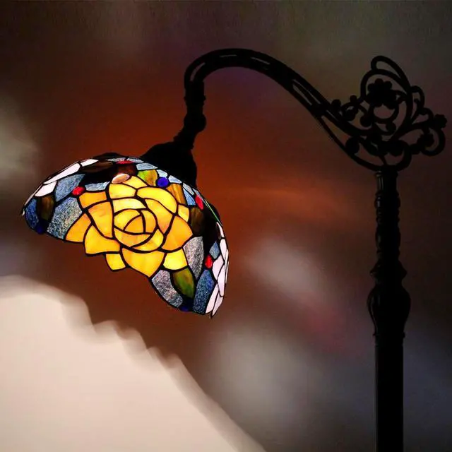 Alt view image 4 of 7 - Tiffany Floor Lamp Stained Glass Orange Red Rose Arched Reading Light Gooseneck Adjustable Corner Standing Lamp 10X16X64 Inch for Bedroom Living Room Home Office