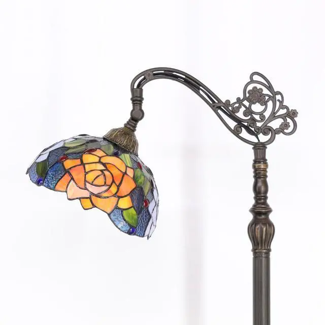 Alt view image 7 of 7 - Tiffany Floor Lamp Stained Glass Orange Red Rose Arched Reading Light Gooseneck Adjustable Corner Standing Lamp 10X16X64 Inch for Bedroom Living Room Home Office