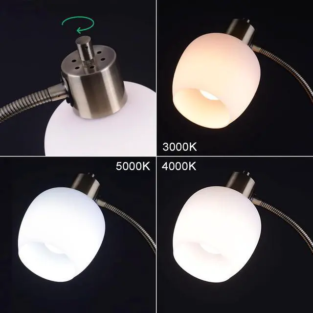 Alt view image 2 of 7 - Adjustable Gooseneck LED Floor Lamp,Glass Shade,Flexible Arm,Modern Reading Lamp for Office,Bedroom,Living Room,3CCT LED Bulb Included,White