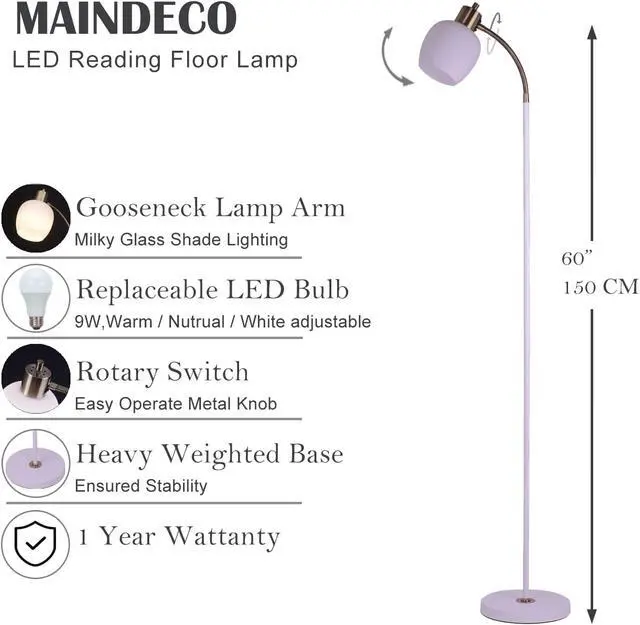 Alt view image 3 of 7 - Adjustable Gooseneck LED Floor Lamp,Glass Shade,Flexible Arm,Modern Reading Lamp for Office,Bedroom,Living Room,3CCT LED Bulb Included,White