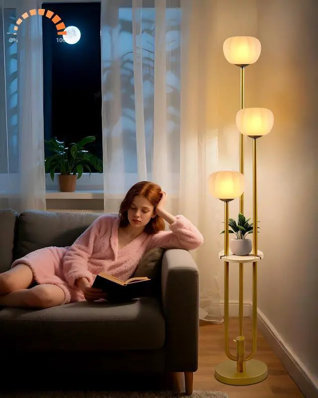 Main image of Lightdot Gold Floor Lamp with Table, Modern Dimmable Floor Lamps with Pumpkin Lampshade, 3000K Soft Warm White Bulbs Included, 3-Light Tall Standing Lamp for Living Room/Bedroom