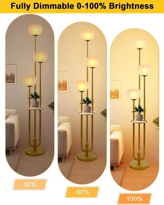 Alt view image 2 of 7 - Lightdot Gold Floor Lamp with Table, Modern Dimmable Floor Lamps with Pumpkin Lampshade, 3000K Soft Warm White Bulbs Included, 3-Light Tall Standing Lamp for Living Room/Bedroom