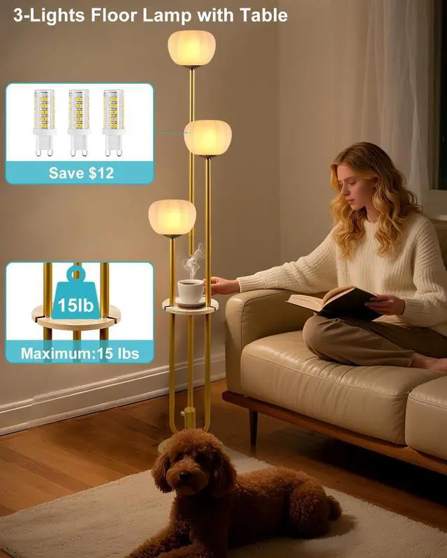 Alt view image 4 of 7 - Lightdot Gold Floor Lamp with Table, Modern Dimmable Floor Lamps with Pumpkin Lampshade, 3000K Soft Warm White Bulbs Included, 3-Light Tall Standing Lamp for Living Room/Bedroom