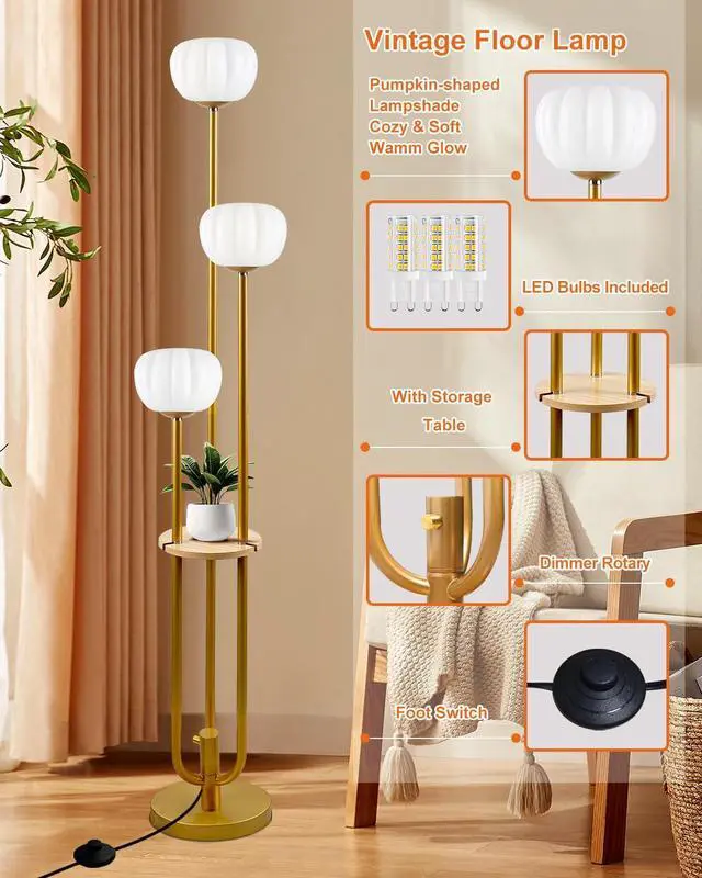 Alt view image 3 of 7 - Lightdot Gold Floor Lamp with Table, Modern Dimmable Floor Lamps with Pumpkin Lampshade, 3000K Soft Warm White Bulbs Included, 3-Light Tall Standing Lamp for Living Room/Bedroom