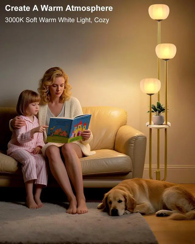 Alt view image 6 of 7 - Lightdot Gold Floor Lamp with Table, Modern Dimmable Floor Lamps with Pumpkin Lampshade, 3000K Soft Warm White Bulbs Included, 3-Light Tall Standing Lamp for Living Room/Bedroom