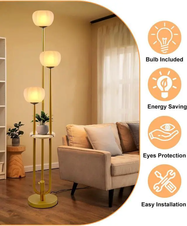 Alt view image 5 of 7 - Lightdot Gold Floor Lamp with Table, Modern Dimmable Floor Lamps with Pumpkin Lampshade, 3000K Soft Warm White Bulbs Included, 3-Light Tall Standing Lamp for Living Room/Bedroom