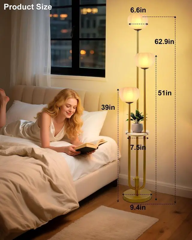 Alt view image 7 of 7 - Lightdot Gold Floor Lamp with Table, Modern Dimmable Floor Lamps with Pumpkin Lampshade, 3000K Soft Warm White Bulbs Included, 3-Light Tall Standing Lamp for Living Room/Bedroom