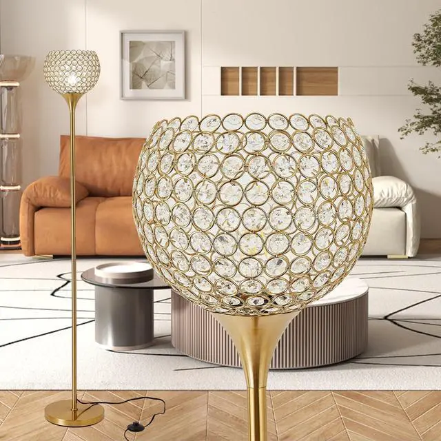 Main image of Spherical Crystal Floor Lamp, Gold 8.7 in Shade Elegant Standing Light with Crystal lamp Shade, Modern 61 in Tall Pole Lighting for Living Room, Bedroom, Office, E26 Base, LED Bulb Included