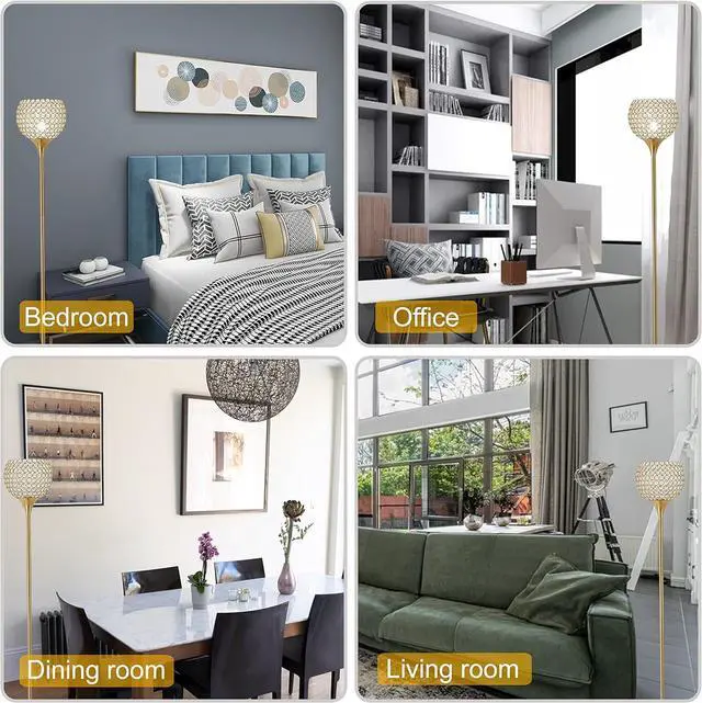 Alt view image 3 of 7 - Spherical Crystal Floor Lamp, Gold 8.7 in Shade Elegant Standing Light with Crystal lamp Shade, Modern 61 in Tall Pole Lighting for Living Room, Bedroom, Office, E26 Base, LED Bulb Included