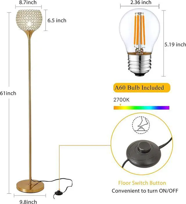 Alt view image 4 of 7 - Spherical Crystal Floor Lamp, Gold 8.7 in Shade Elegant Standing Light with Crystal lamp Shade, Modern 61 in Tall Pole Lighting for Living Room, Bedroom, Office, E26 Base, LED Bulb Included