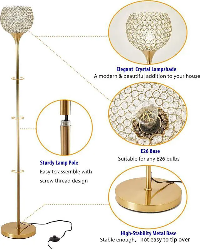 Alt view image 5 of 7 - Spherical Crystal Floor Lamp, Gold 8.7 in Shade Elegant Standing Light with Crystal lamp Shade, Modern 61 in Tall Pole Lighting for Living Room, Bedroom, Office, E26 Base, LED Bulb Included