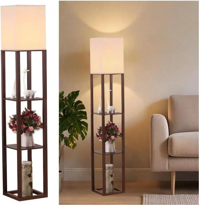 Main image of HomeFocus - Floor Lamp with Shelves, Shelf Floor Light with LED Bulb, Modern Wood Shelf Standing Lamp, Corner Display Floor Lamp for Living Room, Bedroom, Office, Linen White Shade, Wood, Brown.
