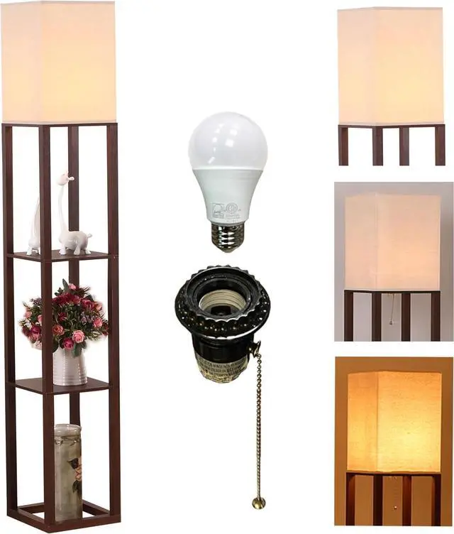 Alt view image 2 of 7 - HomeFocus - Floor Lamp with Shelves, Shelf Floor Light with LED Bulb, Modern Wood Shelf Standing Lamp, Corner Display Floor Lamp for Living Room, Bedroom, Office, Linen White Shade, Wood, Brown.