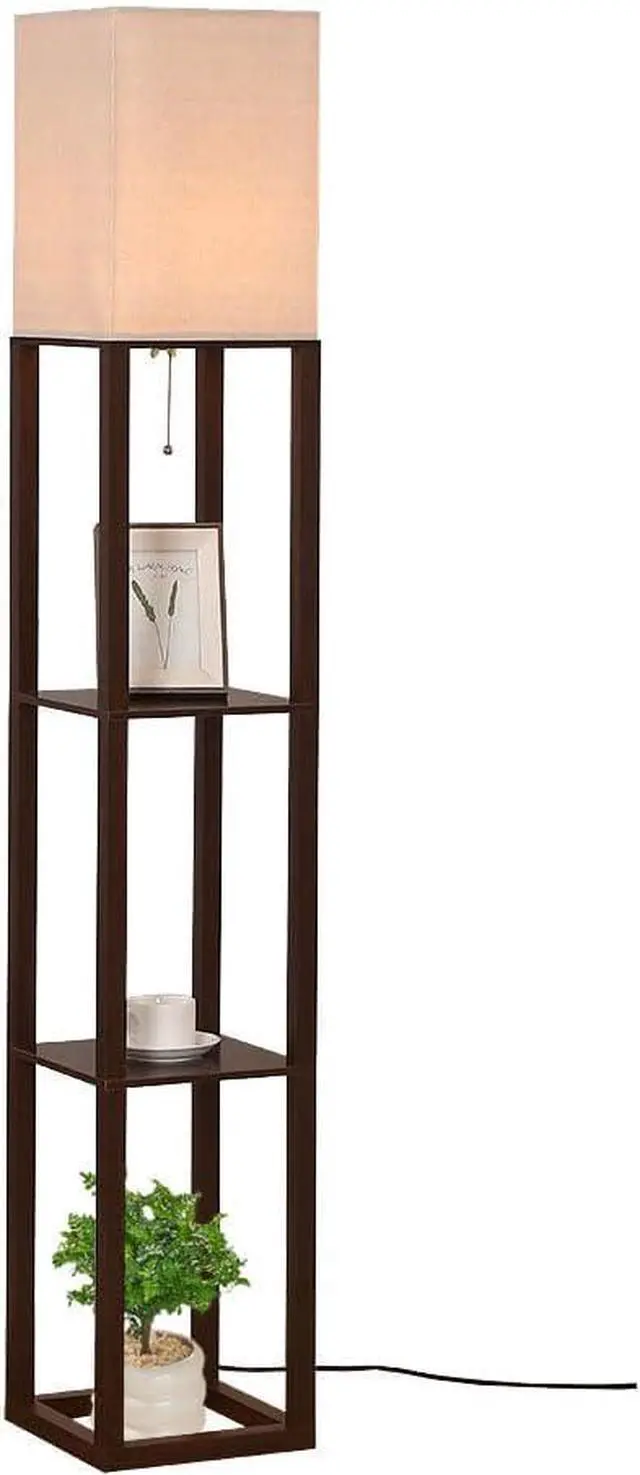 Alt view image 5 of 7 - HomeFocus - Floor Lamp with Shelves, Shelf Floor Light with LED Bulb, Modern Wood Shelf Standing Lamp, Corner Display Floor Lamp for Living Room, Bedroom, Office, Linen White Shade, Wood, Brown.