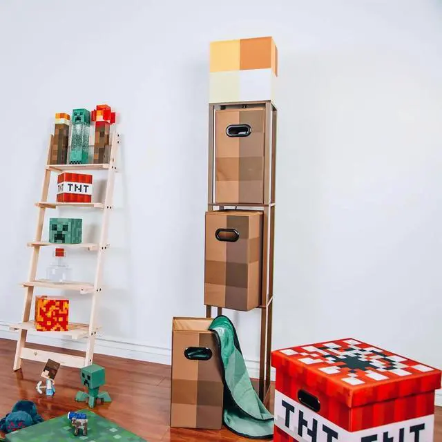 Alt view image 4 of 7 - Minecraft Brownstone Torch 5-Foot Standing Floor Lamp and Storage Unit | Includes 3 Cube Organizer Storage Bins