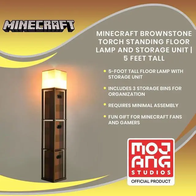 Alt view image 7 of 7 - Minecraft Brownstone Torch 5-Foot Standing Floor Lamp and Storage Unit | Includes 3 Cube Organizer Storage Bins