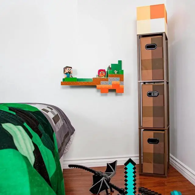Alt view image 5 of 7 - Minecraft Brownstone Torch 5-Foot Standing Floor Lamp and Storage Unit | Includes 3 Cube Organizer Storage Bins