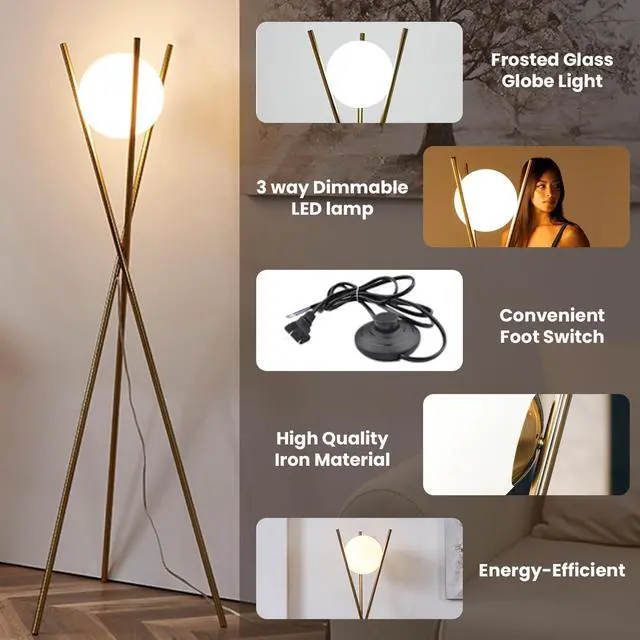 Alt view image 2 of 7 - Ozarke Solstice Modern Frosted Glass Globe Floor Lamp (165cm) Contemporary LED Dimmable Lighting for Bedroom, Living Room, Hotel & Home Office (Gold)